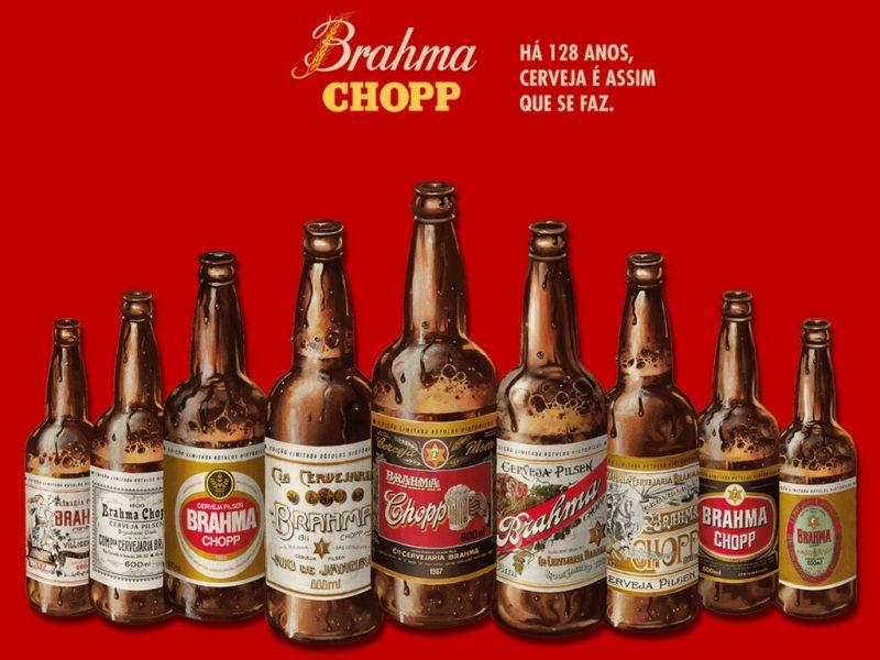 Os 128 anos de Brahma contados em nove rótulos históricos.